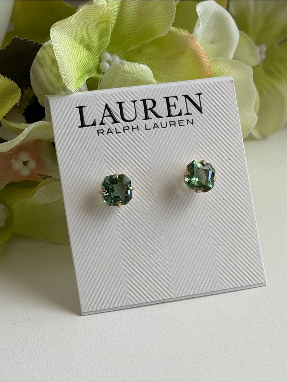 Lauren Ralph Lauren Green Crystal Stud Earrings with Gold-Tone Prongs